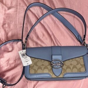 Coach Blue and Tan Structured Shoulder Bag with Flap Closure